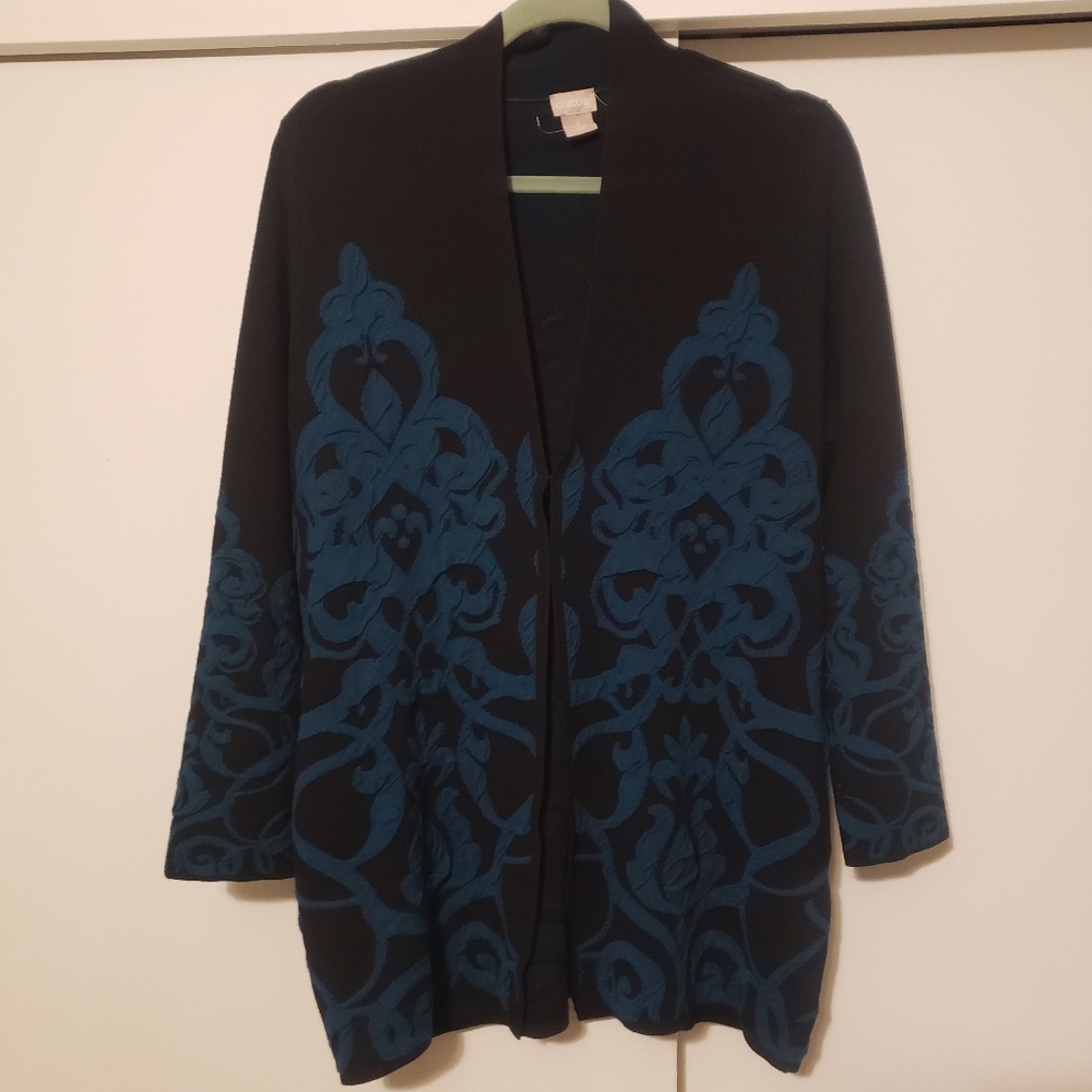 Chico's Scroll Print Sweater Cardigan Womens L 2 Black Teal Blue Longline Tunic